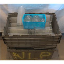 2 TOTES OF 12" GLASS CANDLE SHEATHS WITH GLASS