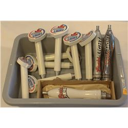BUS TRAY WITH 11 BEER TAP HANDLES- 2 ARE NEW