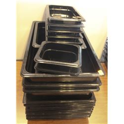STACK OF ASSORTED BLACK PLASTIC FOOD INSERTS