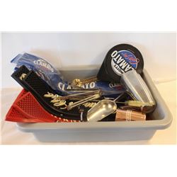 BUS PAN OF MISC. BAR ITEMS INCLUDING ASST. BAR