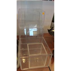 6 VARIOUS ACRYLIC ORGANIZER BOXES WITH GLASS SHELF