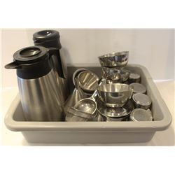 BUS PAN FULL OF DESSERT BOWLS, STEEL SPICE SHAKERS