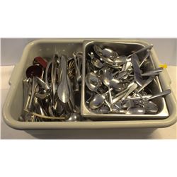 BUS TRAY WITH ASSORTED STEEL SERVING TONGS AND