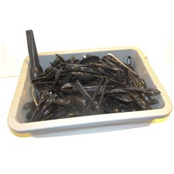 BUS TRAY WITH ASSORTED PLASTIC AND STEEL TONGS