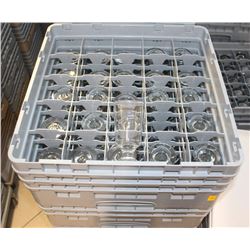 7 TRAYS WITH CONTENTS ON DOLLY: DRINK GLASSES