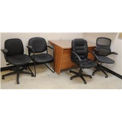 4 ASSORTED OFFICE CHAIRS AND DESK-ACRYLIC TOP