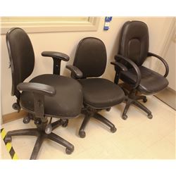 3 ASSORTED STYLE BLACK OFFICE CHAIRS W/ ARMRESTS