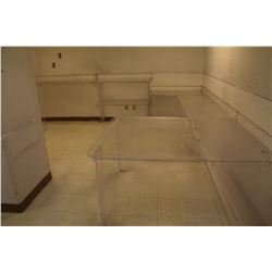 LARGE LOT OF VARIOUS ACRYLIC DESKS & SHELVING