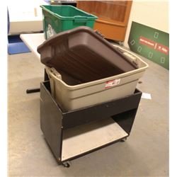 WOOD CART ON CASTORS & 6 ASSORTED SIZE BINS &