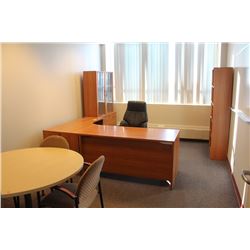 "L" SHAPED OFFICE DESK W/ CHAIR, 10 SHELF CABINET,