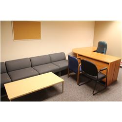 " L" SHAPE OFFICE DESK W/ CHAIR, 4 LOUNGE CHAIRS,