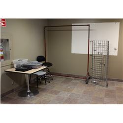 TABLE, 2 CHAIRS, COAT RACK ON WHEELS, HAT DISPLAY