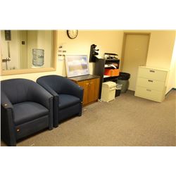 2 BLUE CUSHION CHAIRS, PAPER SHREDDER,