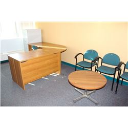 " L" SHAPED OFFICE DESK W/ 4 BLUE CHAIRS