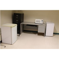 2 MINI BAR FRIDGE, SINGLE PEDESTAL DESK,