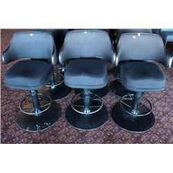 3 BLACK SWIVELING CUSHION CHAIRS W/ ARMREST &