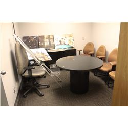 3 OFFICE CHAIRS,4 BROWN CHAIRS, ROUND TABLE,