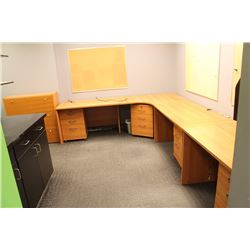2 "L" SHAPED DESK, 2 DOOR CABINET, BOOKSHELF,