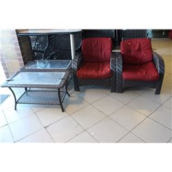 2 WICKER CHAIRS & PLEXIGLASS TOP COFFEE TABLE
