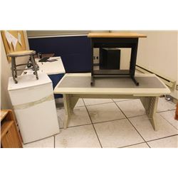 WHITE MINI FRIDGE, 2 DESK & STOOL ON WHEELS