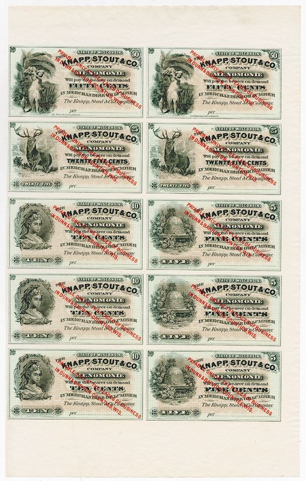 Knapp, Stout & Co. Uncut Pane of Wisconsin Obsolete Scrip Notes.