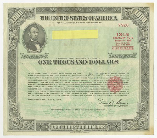 Government Notes U.S. $1000 Treasury Note, 1984, 13 3/4% Series F-1991 Registered Bond.