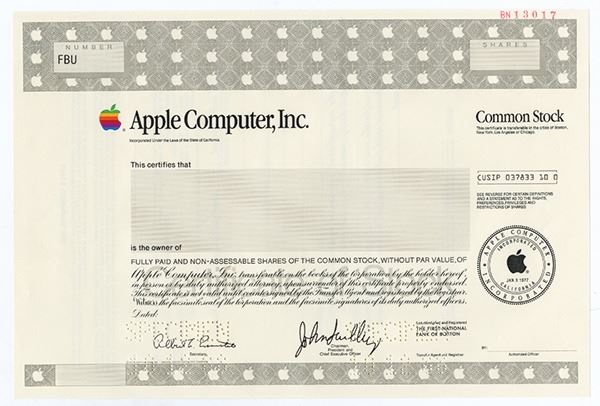 Apple Computer Inc 1988 Specimen Stock Certificate