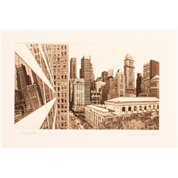 Martin Levine, View of the New York Public Library at Bryant Park, Etching