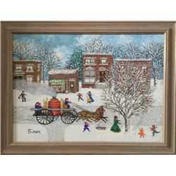 Mollie Simon, Winter Village Scene with Fire Truck, Oil Painting