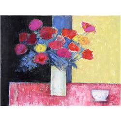 Jose Canes (Dore) Still Life with Flowers and Bowl, Acrylic and Pastel Drawing