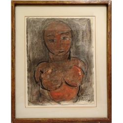 George Zachary Constant, Red Nude Bust, Charcoal and Gouache Painting