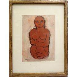 George Zachary Constant, Seated Red Nude, Gouache Painting