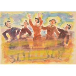 Moshe Raviv (aka Moi Ver), Five Jewish Men Celebrating, Watercolor Painting