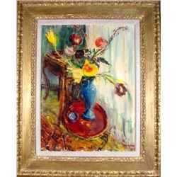 Dimitrie Berea, Tulips in Blue Vase, Oil Painting