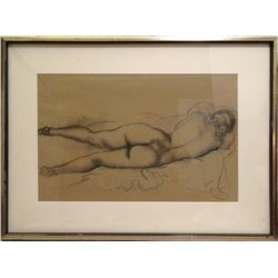 Emil Ganso, Reclining Nude in Heels, Charcoal and Pencil Drawing