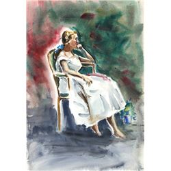 Eve Nethercott, Seated Woman in White Dress (P6.54), Watercolor Painting