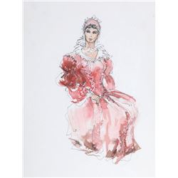 R. Jeronimo, Woman in Pink Dress, Watercolor and Ink Drawing