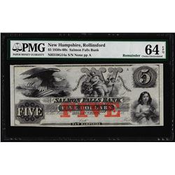 1850-60's $5 Salmon Falls Bank Obsolete Note PMG Choice Uncirculated 64EPQ