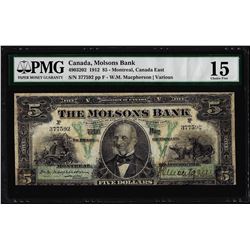 1912 $5 Canada Montreal The Molsons Bank Note PMG Choice Fine 15