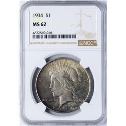 1934 $1 Peace Silver Dollar Coin NGC MS62