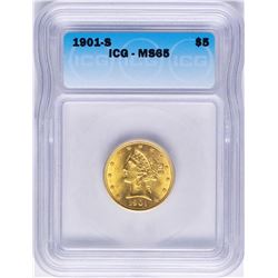 1901-S $5 Liberty Head Half Eagle Gold Coin ICG MS65