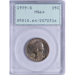 1939-S Washington Quarter Coin PCGS MS64 Old Green Rattler