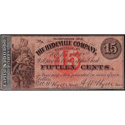 1849 Fifteen Cents The Hydeville Company Obsolete Note