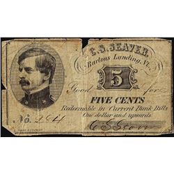 Scarce Bartons Landing Vermont Five Cents Script