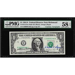 1981A $1 Federal Reserve Note Dual Courtesy Autographs PMG Choice About Unc. 58E