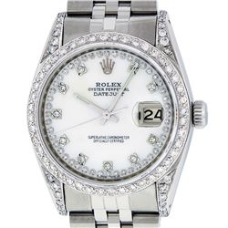 Rolex Mens Stainless Steel MOP Diamond Lugs Datejust Wristwatch With Rolex Box