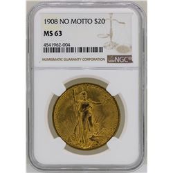1908 No Motto $20 St. Gaudens Double Eagle Gold Coin NGC MS63