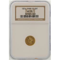 1854 Type 2 $1 Indian Princess Head Gold Dollar Coin NGC AU50
