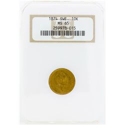 1874 Sweden 10 Kronor Gold Coin NGC MS65