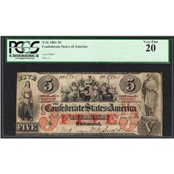1861 $5 Confederate States of America Note T-31 PCGS Very Fine 20